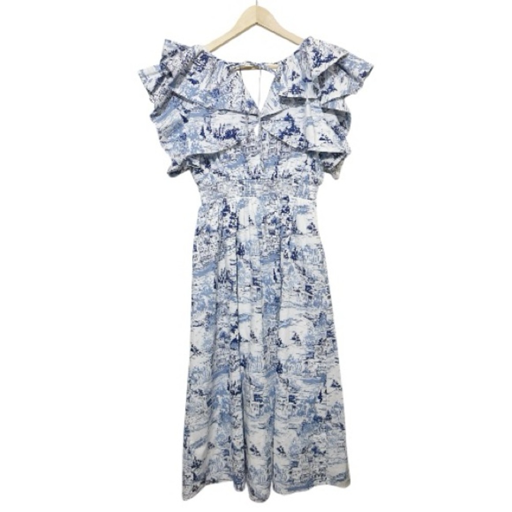 Sugarlips Francine Toile Sky Santana Tie Back Ruffle Midi Dress Blue White Sz M - Picture 4 of 8